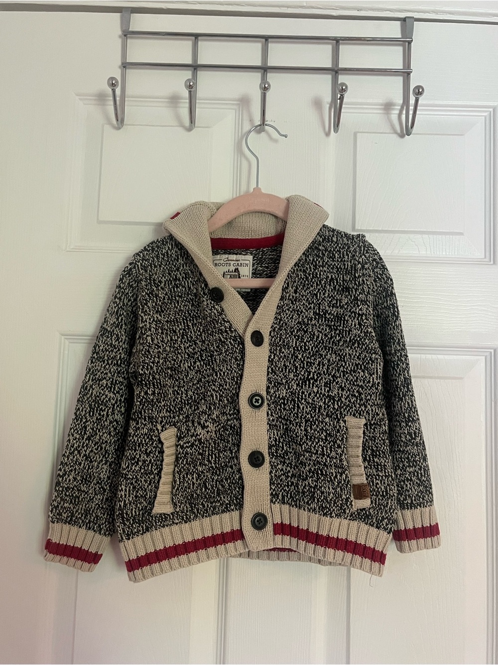 Roots Marled Black & Cream Hooded Cardigan with Red Stripe